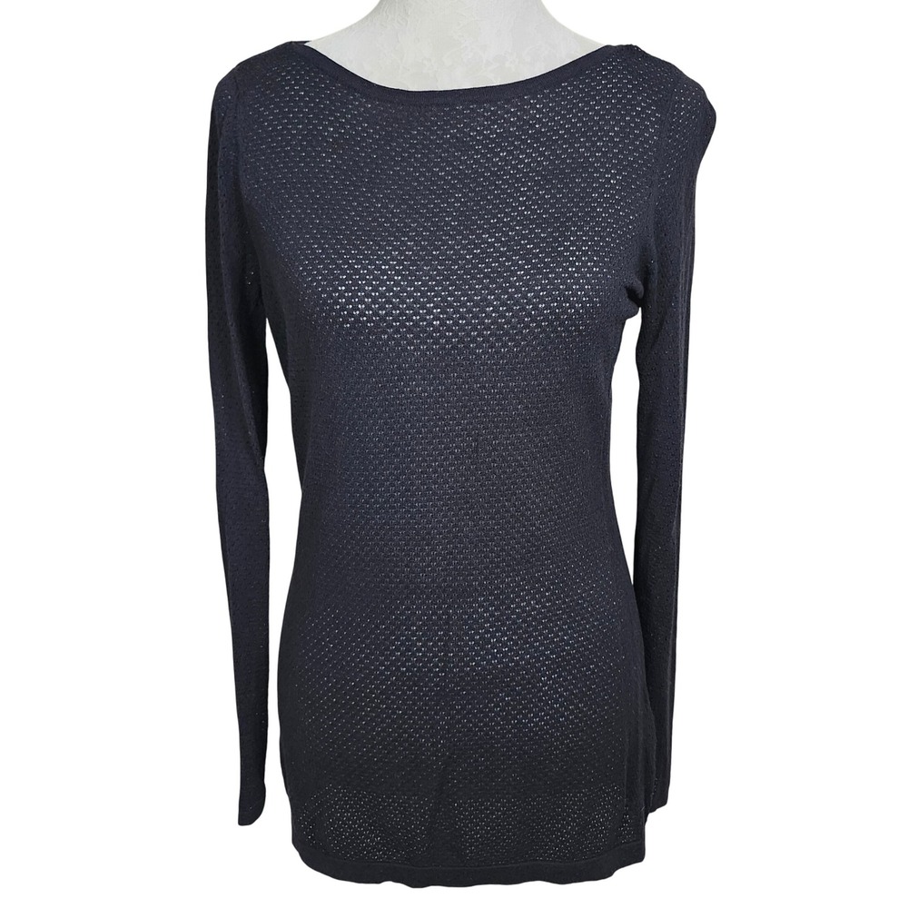J. McLaughlin Navy Blue Knit Mesh Boat Neck Long Sleeve Top Women's Size M